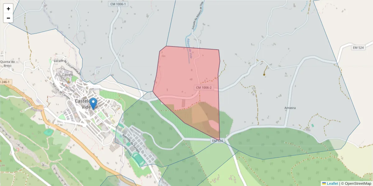 Mapa detalhado do código postal 7320-204 com limites, códigos postais vizinhos e agências dos correios