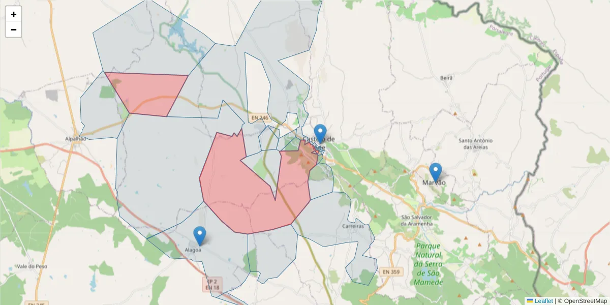 Mapa detalhado do código postal 7320-407 com limites, códigos postais vizinhos e agências dos correios