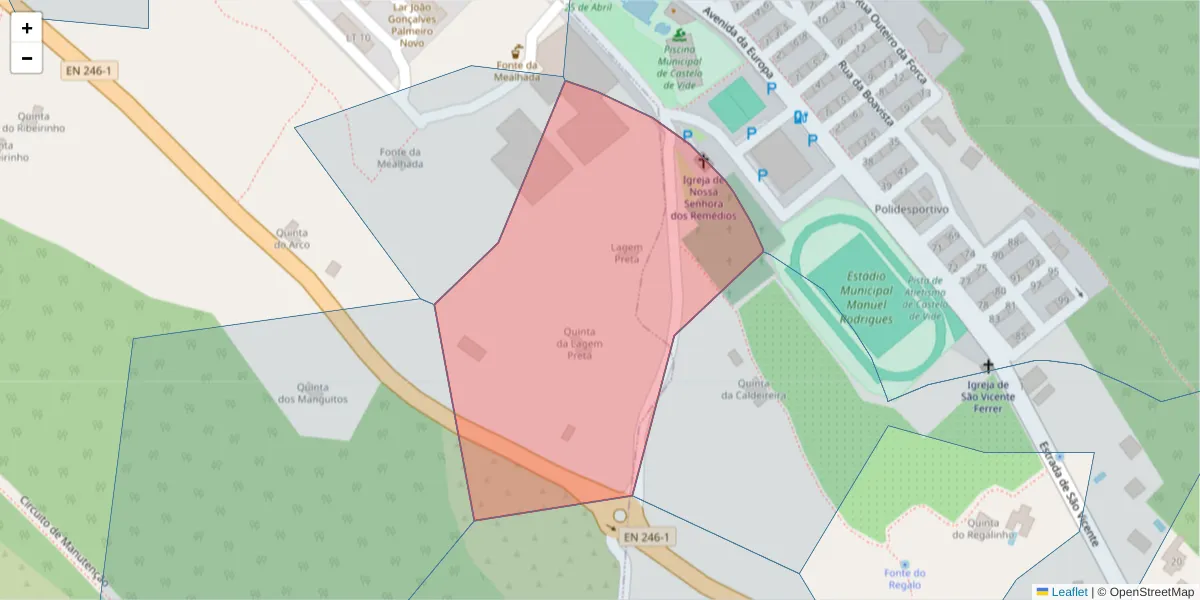 Mapa detalhado do código postal 7320-413 com limites, códigos postais vizinhos e agências dos correios