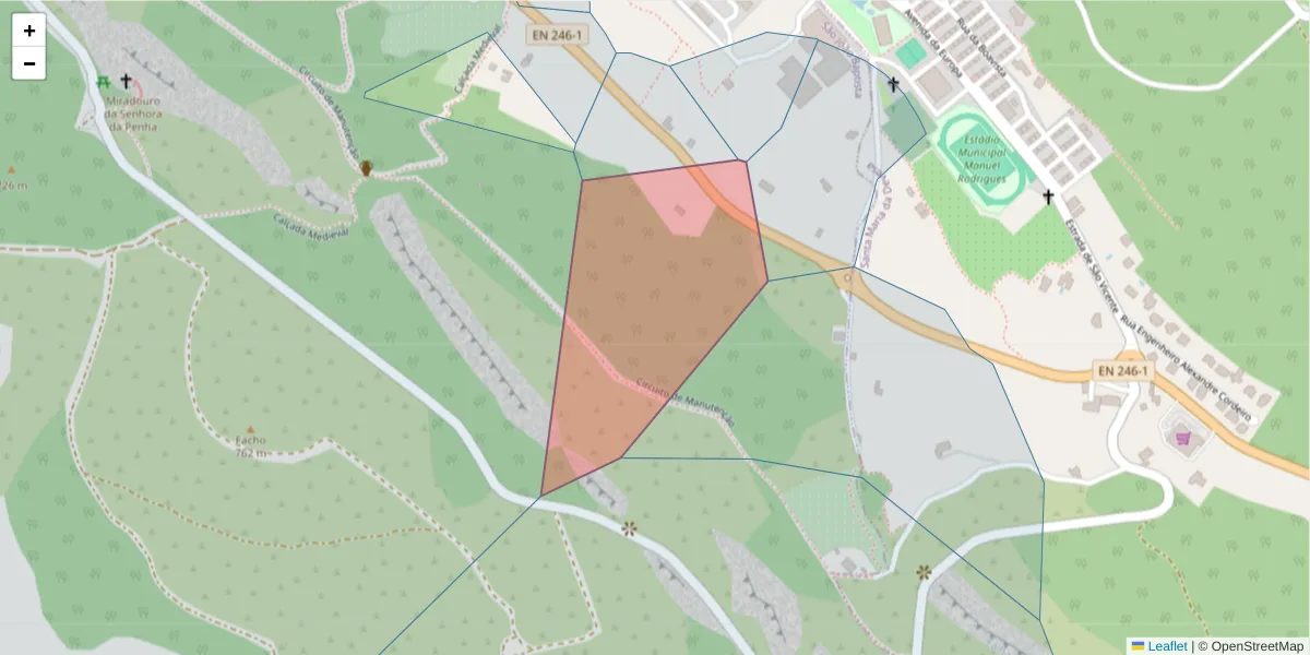 Mapa detalhado do código postal 7320-414 com limites, códigos postais vizinhos e agências dos correios