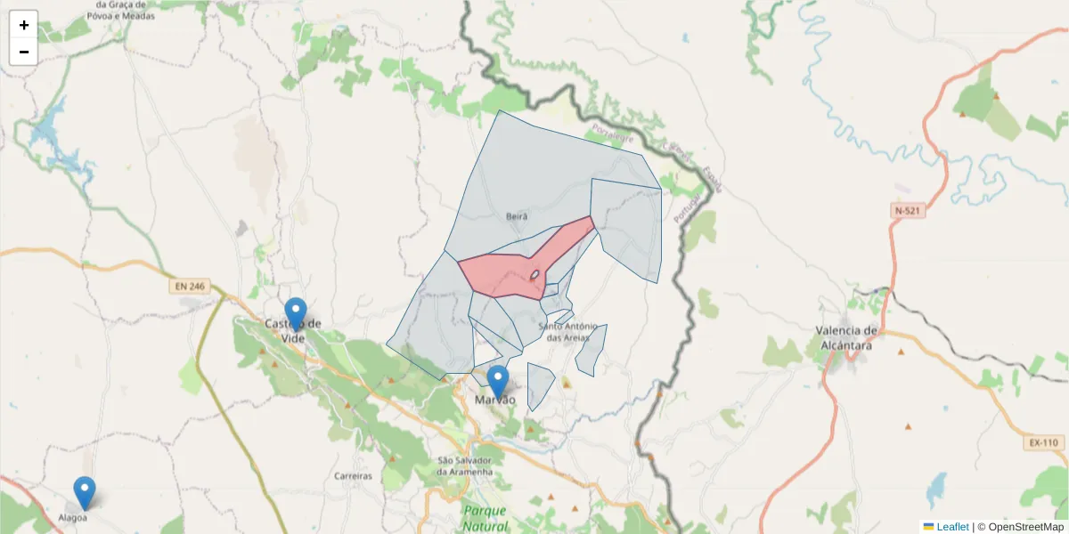 Mapa detalhado do código postal 7330-011 com limites, códigos postais vizinhos e agências dos correios