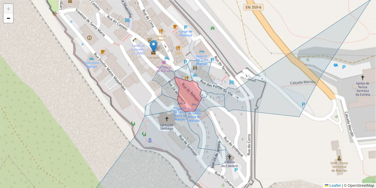 Mapa detalhado do código postal 7330-118 com limites, códigos postais vizinhos e agências dos correios
