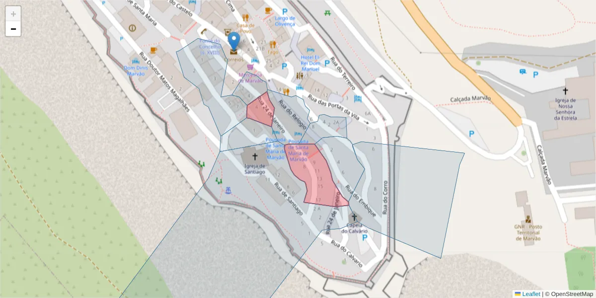 Mapa detalhado do código postal 7330-122 com limites, códigos postais vizinhos e agências dos correios