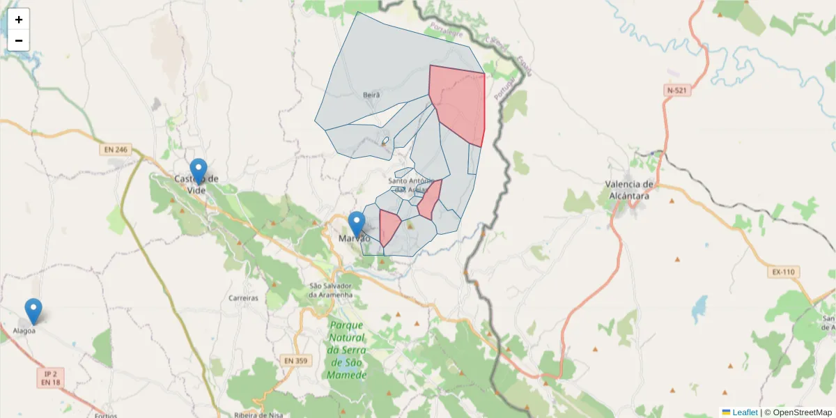 Mapa detalhado do código postal 7330-204 com limites, códigos postais vizinhos e agências dos correios