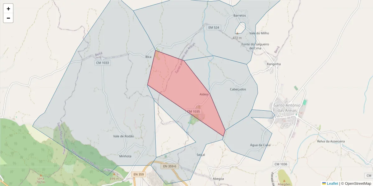 Mapa detalhado do código postal 7330-205 Santo António das Areias com limites, códigos postais vizinhos e agências dos correios