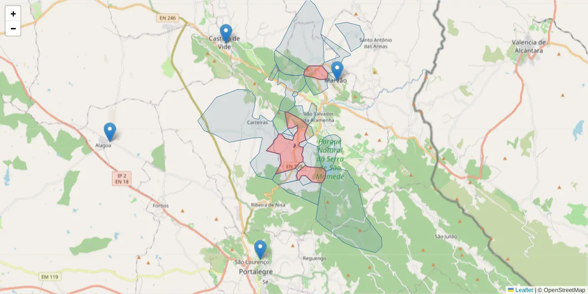 Mapa detalhado do código postal 7330-301 com limites, códigos postais vizinhos e agências dos correios