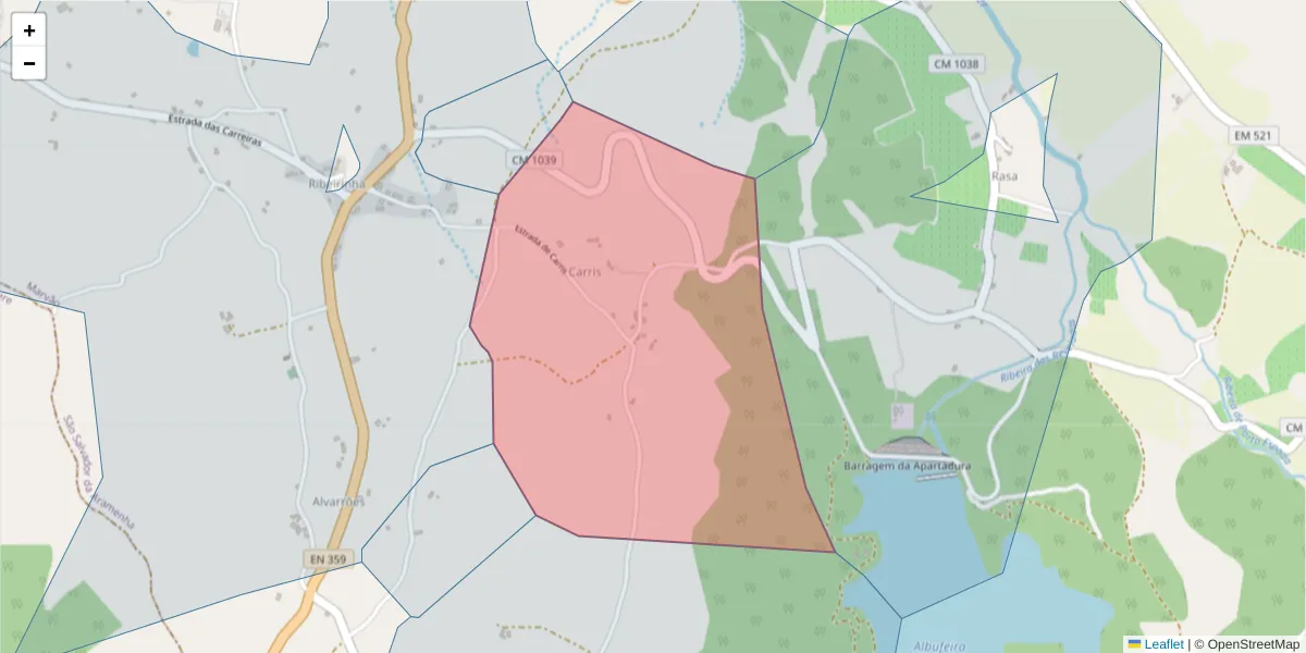 Mapa detalhado do código postal 7330-306 com limites, códigos postais vizinhos e agências dos correios