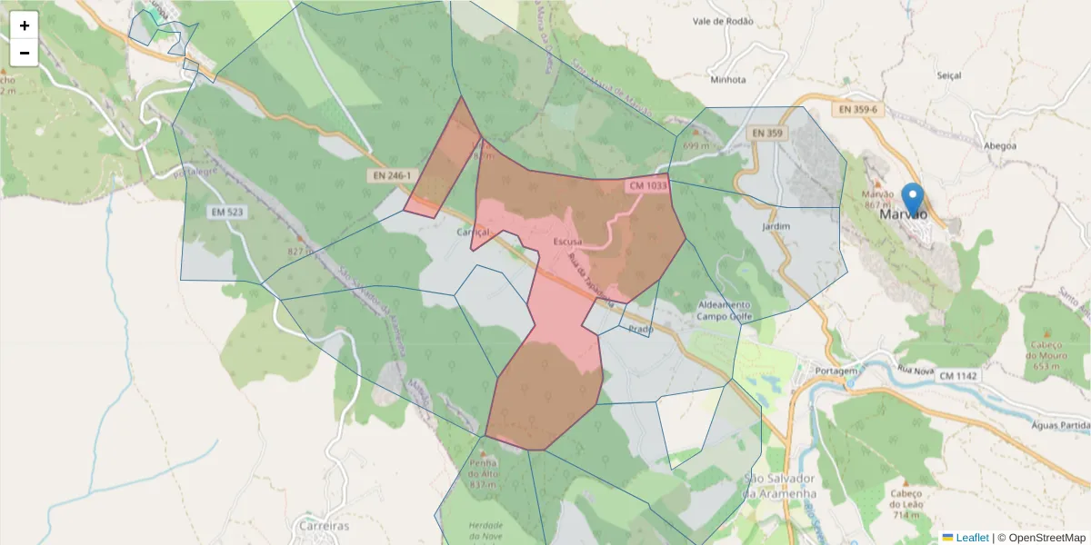 Mapa detalhado do código postal 7330-313 com limites, códigos postais vizinhos e agências dos correios