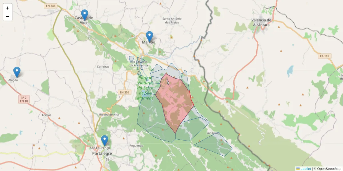 Mapa detalhado do código postal 7330-329 com limites, códigos postais vizinhos e agências dos correios