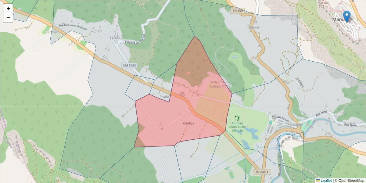 Mapa detalhado do código postal 7330-330 com limites, códigos postais vizinhos e agências dos correios