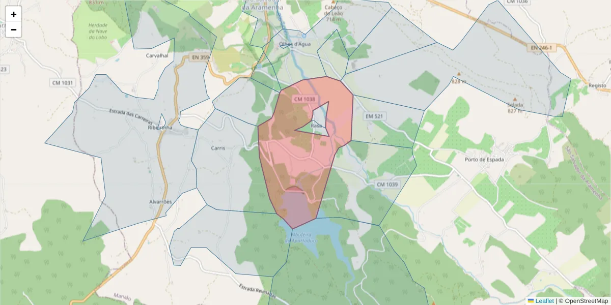 Mapa detalhado do código postal 7330-335 com limites, códigos postais vizinhos e agências dos correios