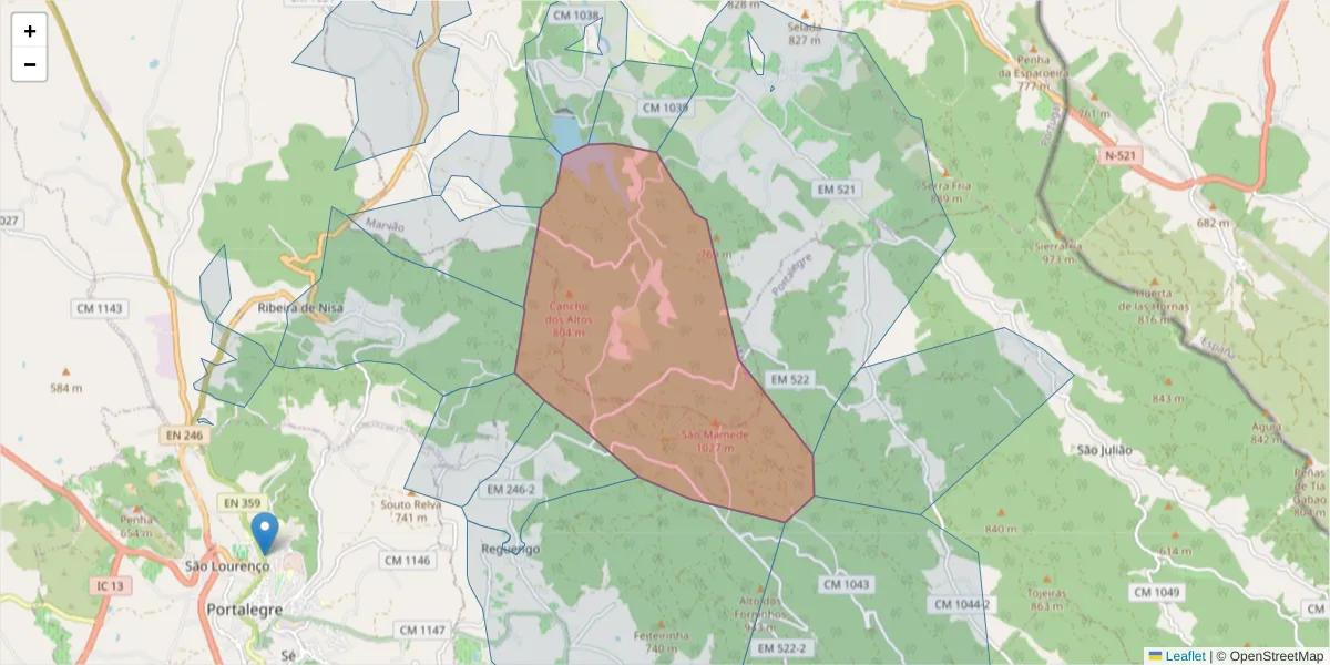 Mapa detalhado do código postal 7330-336 com limites, códigos postais vizinhos e agências dos correios