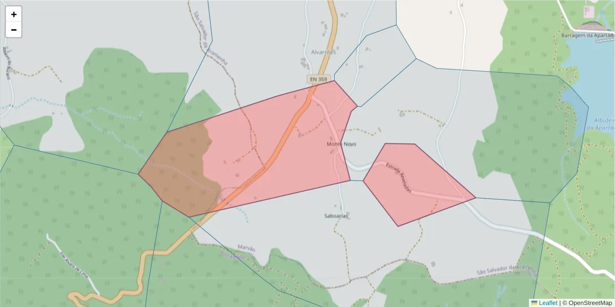 Mapa detalhado do código postal 7330-338 com limites, códigos postais vizinhos e agências dos correios