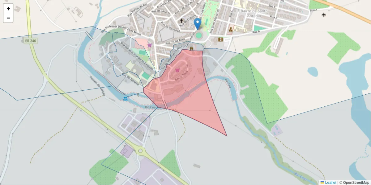 Mapa detalhado do código postal 7340-002 com limites, códigos postais vizinhos e agências dos correios