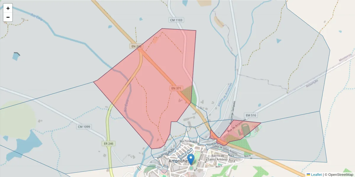 Mapa detalhado do código postal 7340-004 com limites, códigos postais vizinhos e agências dos correios