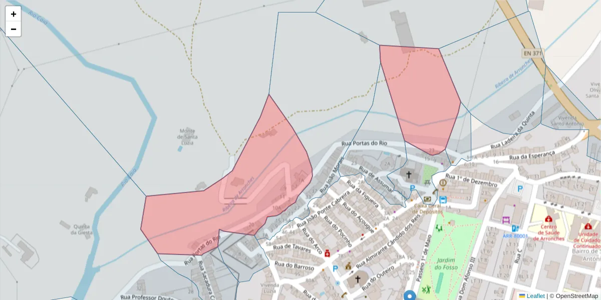 Mapa detalhado do código postal 7340-011 com limites, códigos postais vizinhos e agências dos correios