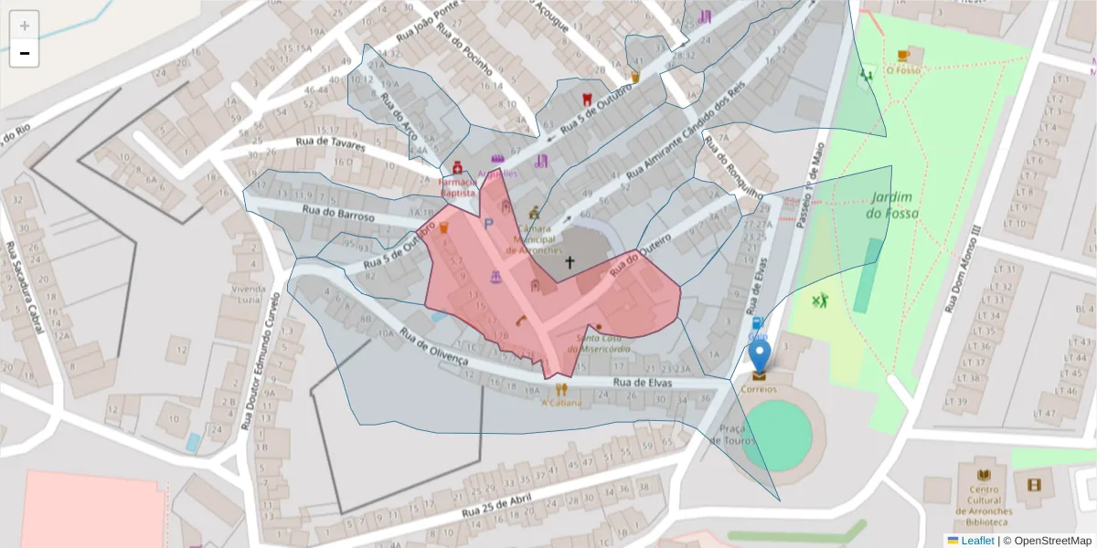 Mapa detalhado do código postal 7340-012 com limites, códigos postais vizinhos e agências dos correios