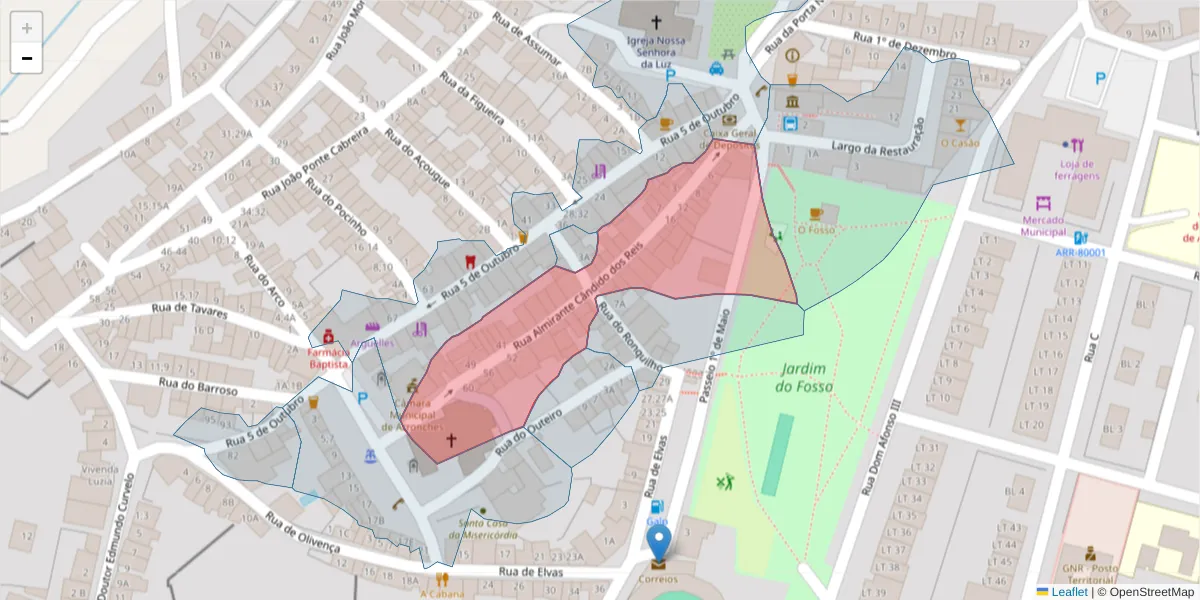 Mapa detalhado do código postal 7340-013 com limites, códigos postais vizinhos e agências dos correios