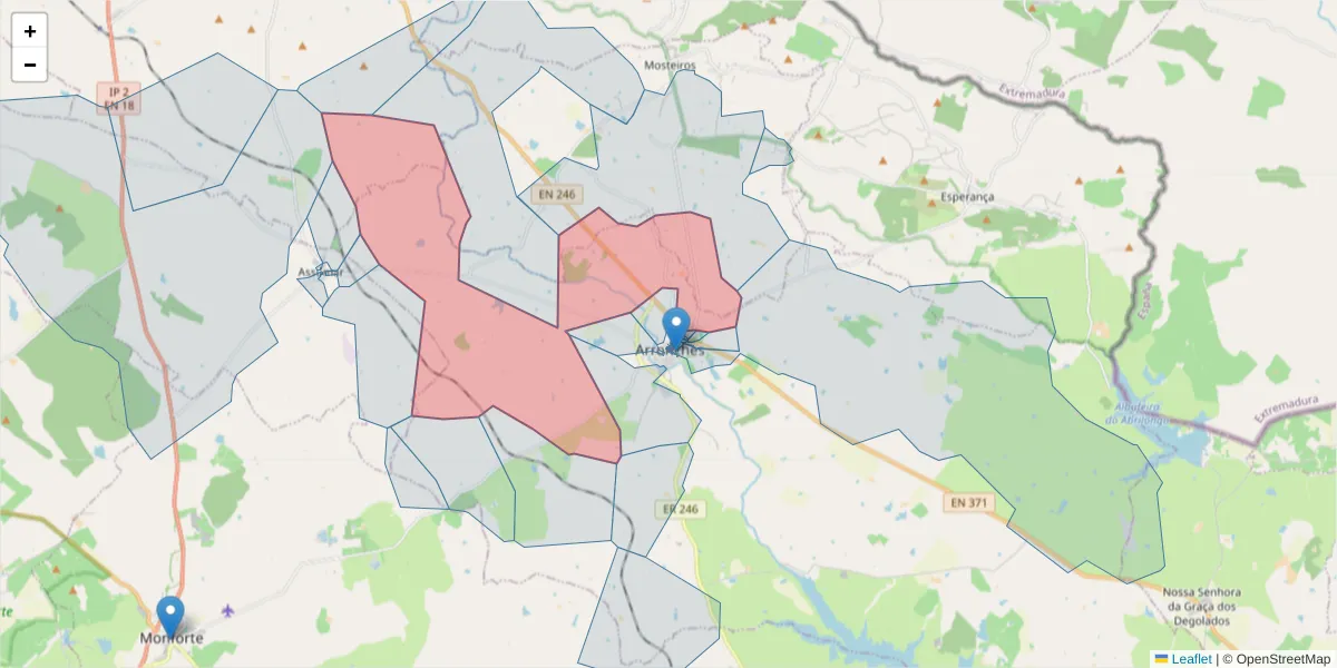 Mapa detalhado do código postal 7340-014 com limites, códigos postais vizinhos e agências dos correios