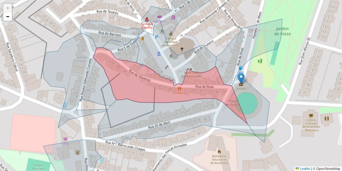 Mapa detalhado do código postal 7340-019 com limites, códigos postais vizinhos e agências dos correios