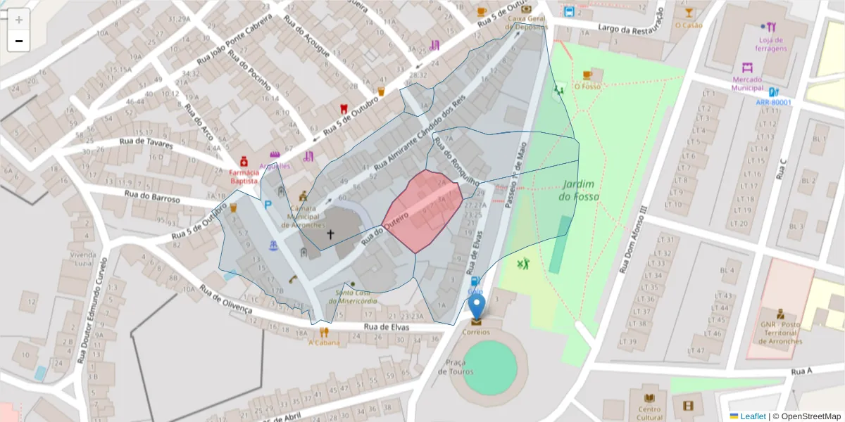 Mapa detalhado do código postal 7340-025 com limites, códigos postais vizinhos e agências dos correios