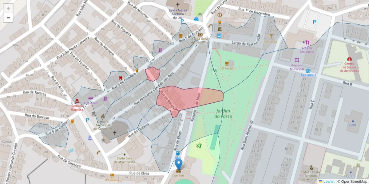 Mapa detalhado do código postal 7340-027 com limites, códigos postais vizinhos e agências dos correios