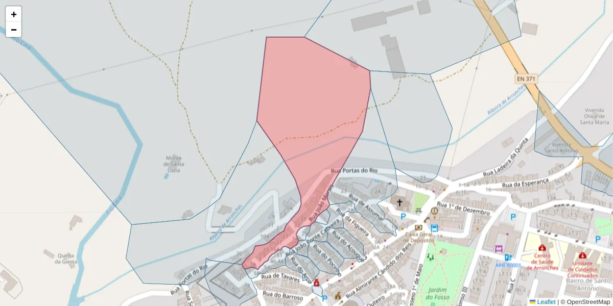 Mapa detalhado do código postal 7340-032 com limites, códigos postais vizinhos e agências dos correios