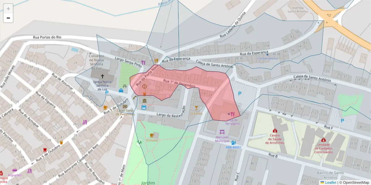 Mapa detalhado do código postal 7340-036 com limites, códigos postais vizinhos e agências dos correios