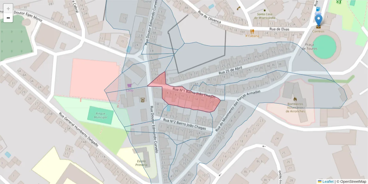 Mapa detalhado do código postal 7340-038 com limites, códigos postais vizinhos e agências dos correios