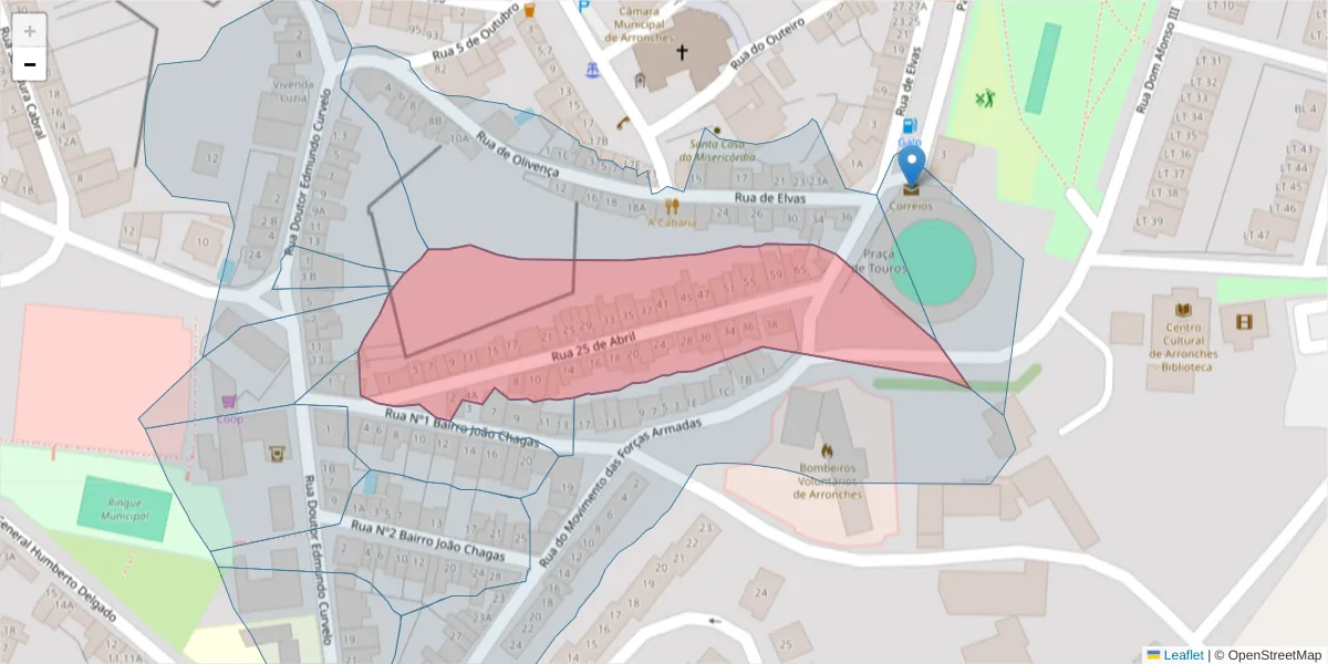 Mapa detalhado do código postal 7340-039 com limites, códigos postais vizinhos e agências dos correios