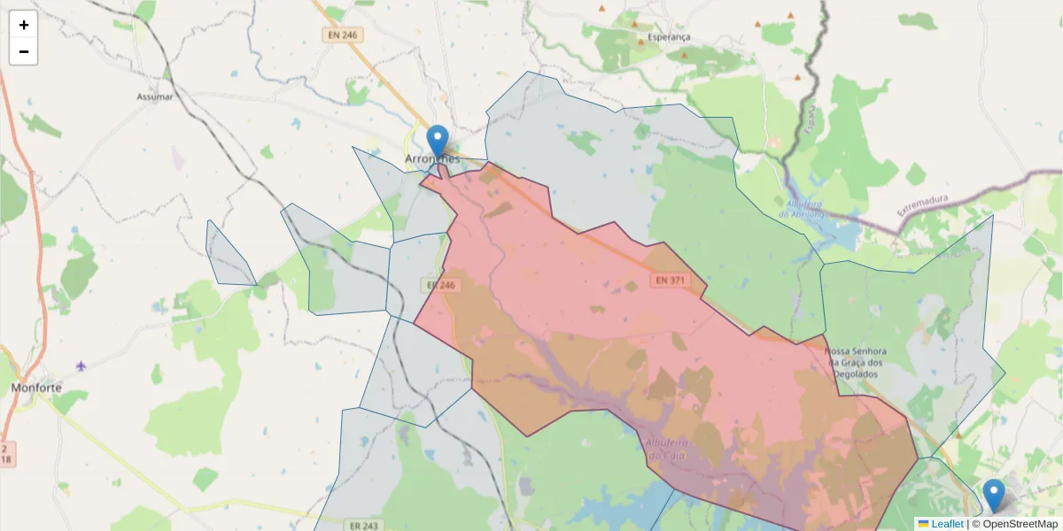 Mapa detalhado do código postal 7340-056 com limites, códigos postais vizinhos e agências dos correios