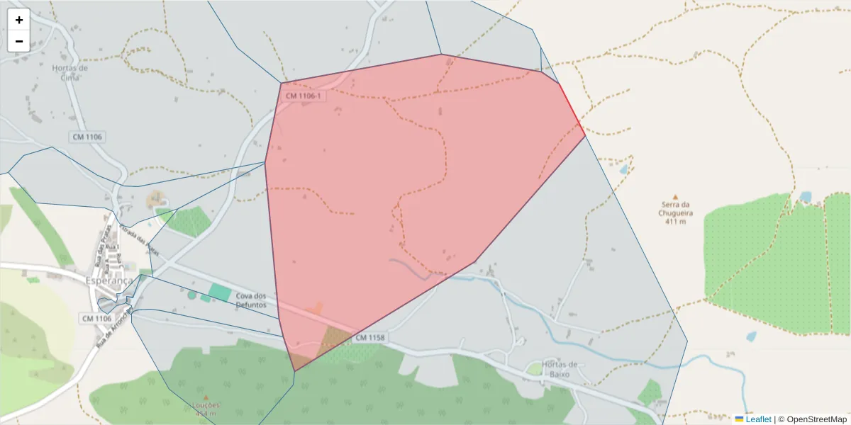 Mapa detalhado do código postal 7340-110 com limites, códigos postais vizinhos e agências dos correios