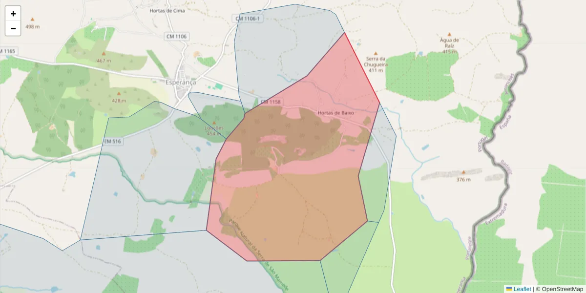 Mapa detalhado do código postal 7340-111 com limites, códigos postais vizinhos e agências dos correios