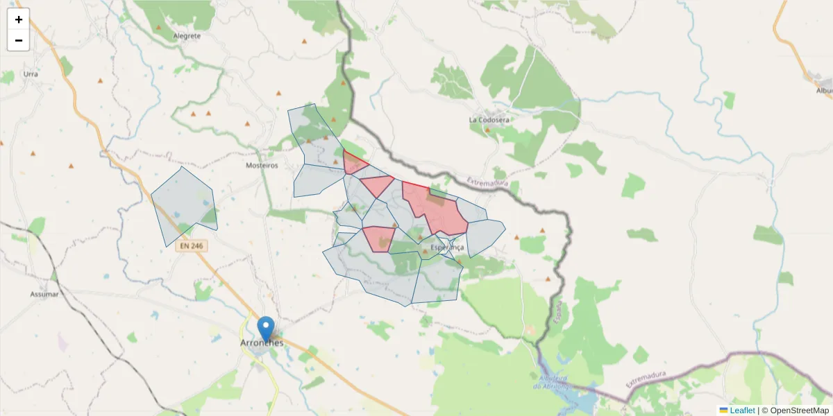 Mapa detalhado do código postal 7340-113 com limites, códigos postais vizinhos e agências dos correios