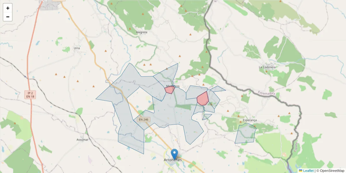Mapa detalhado do código postal 7340-213 com limites, códigos postais vizinhos e agências dos correios