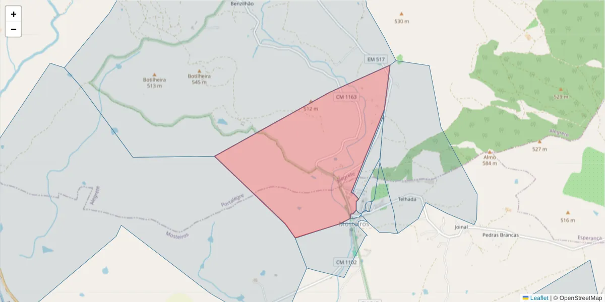 Mapa detalhado do código postal 7340-214 com limites, códigos postais vizinhos e agências dos correios