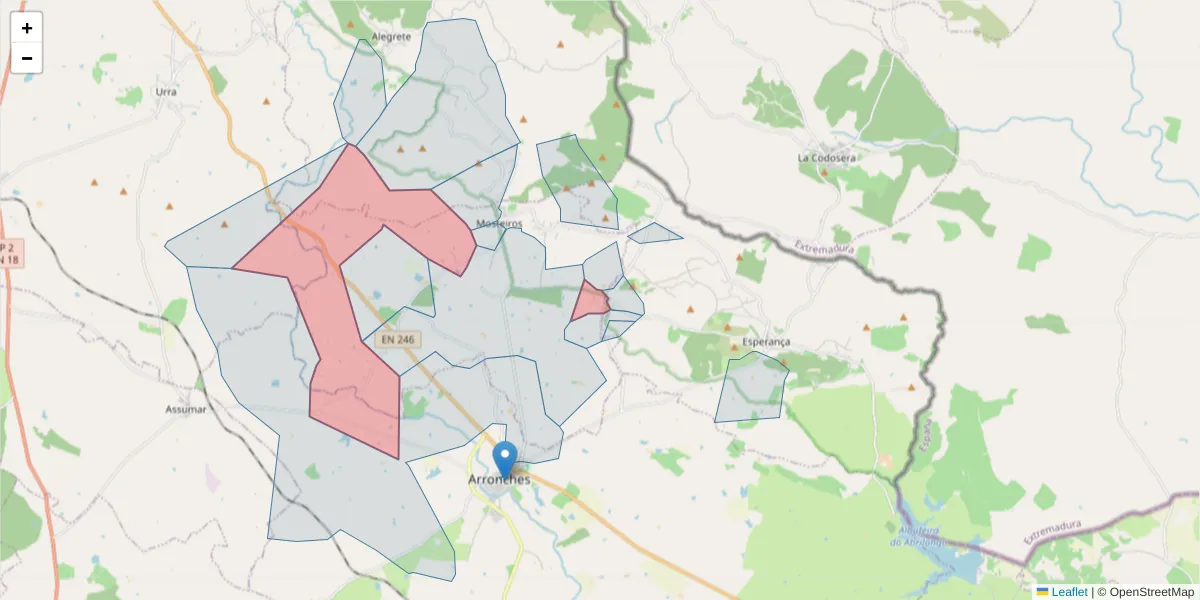 Mapa detalhado do código postal 7340-220 com limites, códigos postais vizinhos e agências dos correios