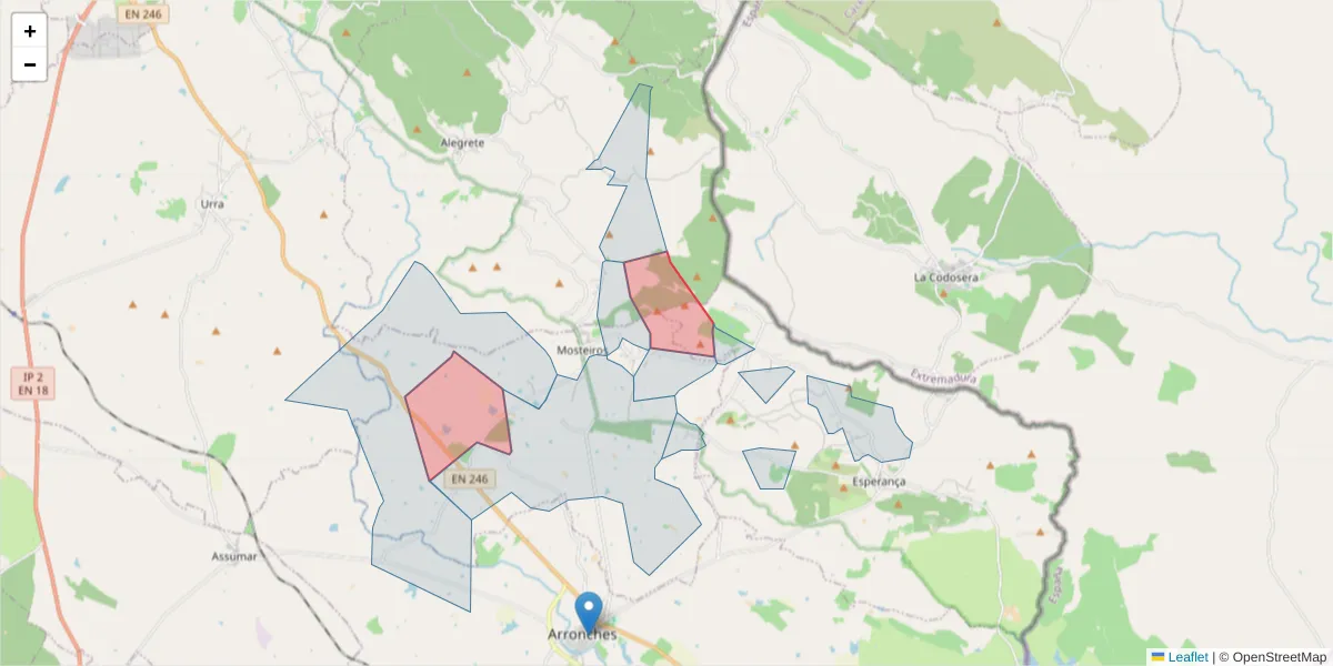 Mapa detalhado do código postal 7340-222 com limites, códigos postais vizinhos e agências dos correios