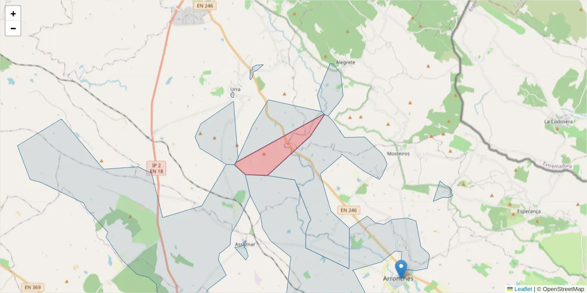 Mapa detalhado do código postal 7340-223 com limites, códigos postais vizinhos e agências dos correios