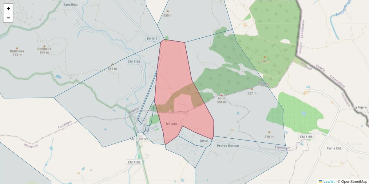 Mapa detalhado do código postal 7340-227 com limites, códigos postais vizinhos e agências dos correios