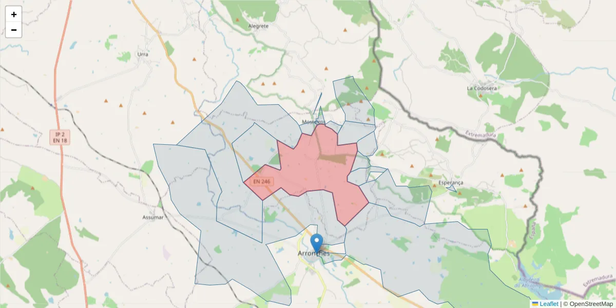 Mapa detalhado do código postal 7340-228 com limites, códigos postais vizinhos e agências dos correios