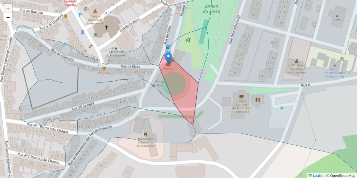 Mapa detalhado do código postal 7340-999 com limites, códigos postais vizinhos e agências dos correios