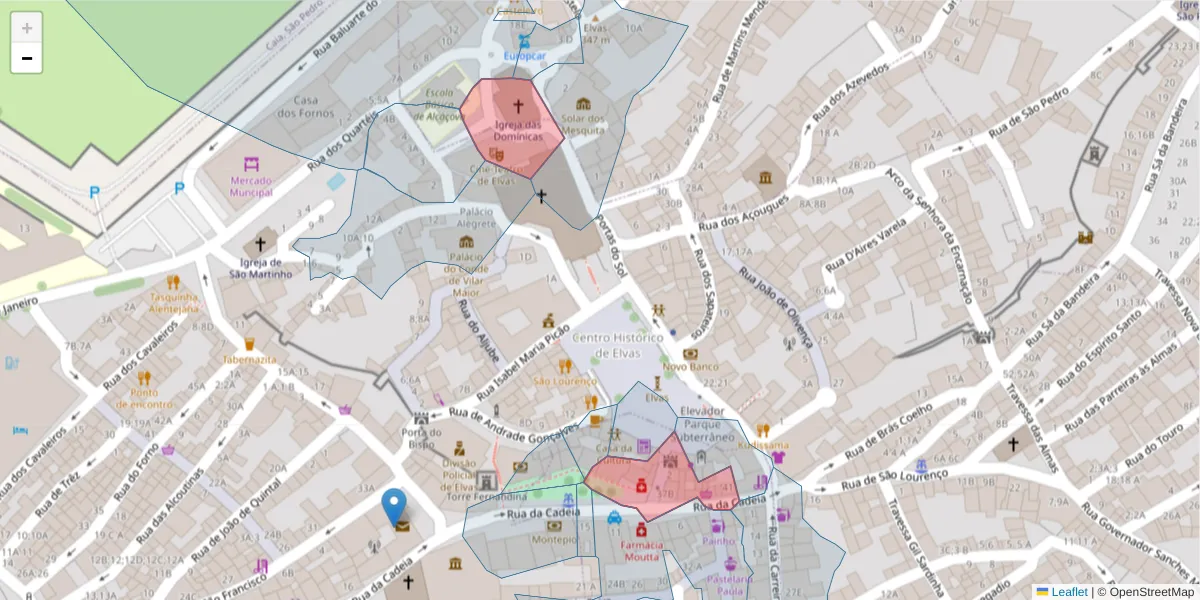 Mapa detalhado do código postal 7350-005 com limites, códigos postais vizinhos e agências dos correios