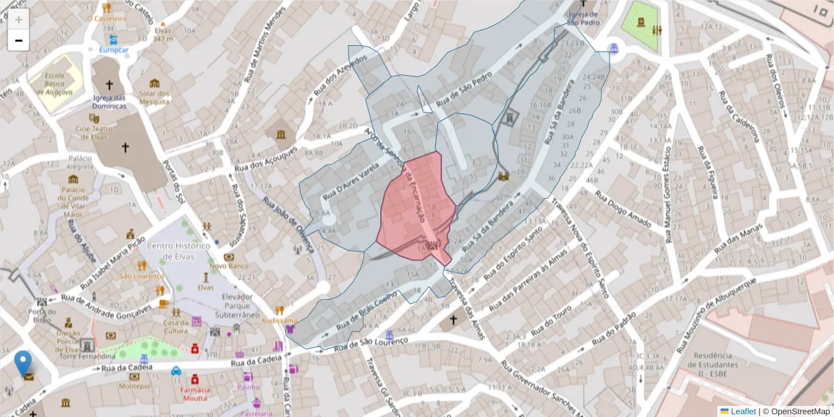 Mapa detalhado do código postal 7350-011 com limites, códigos postais vizinhos e agências dos correios