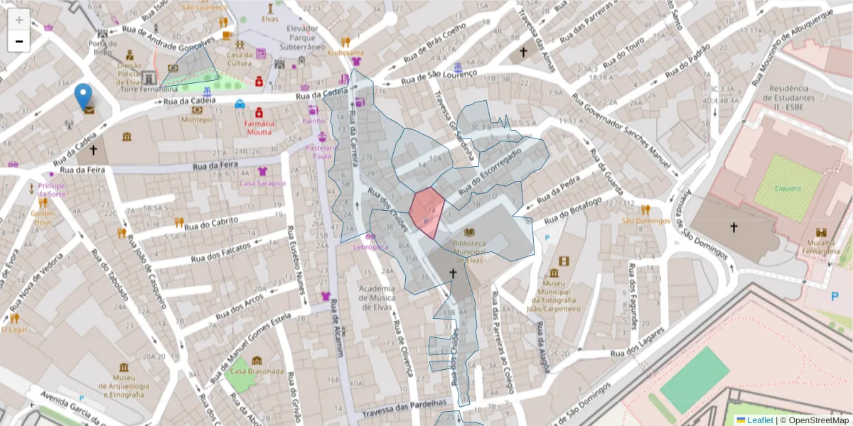 Mapa detalhado do código postal 7350-018 com limites, códigos postais vizinhos e agências dos correios