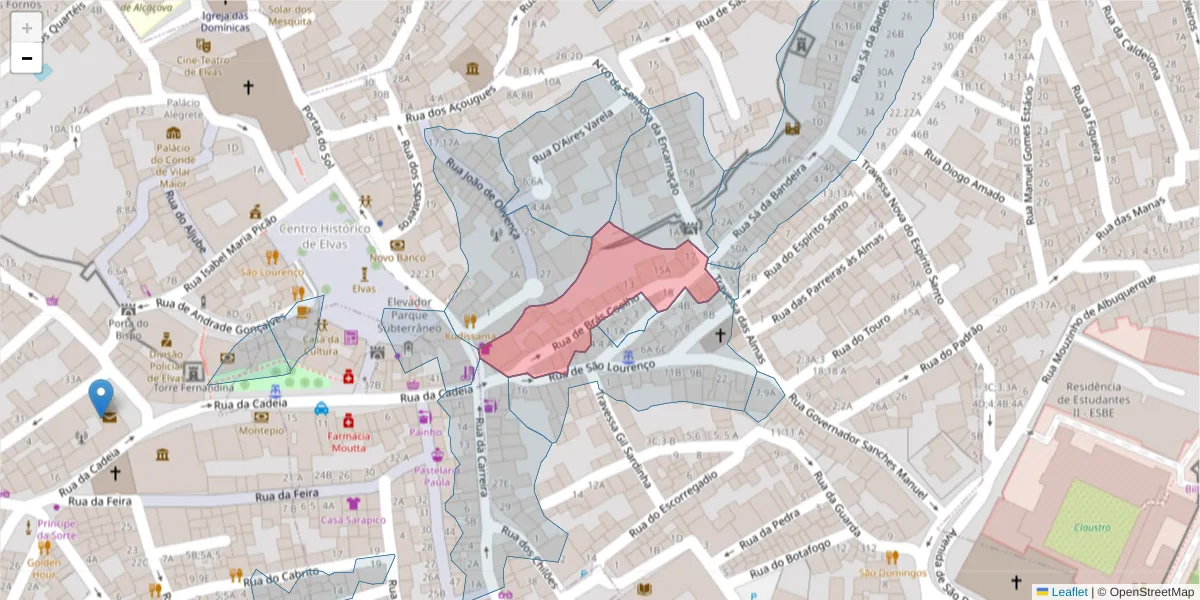 Mapa detalhado do código postal 7350-022 com limites, códigos postais vizinhos e agências dos correios