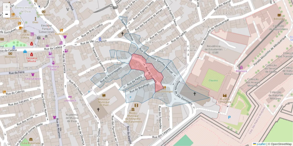 Mapa detalhado do código postal 7350-024 com limites, códigos postais vizinhos e agências dos correios