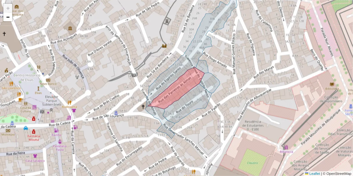 Mapa detalhado do código postal 7350-025 com limites, códigos postais vizinhos e agências dos correios