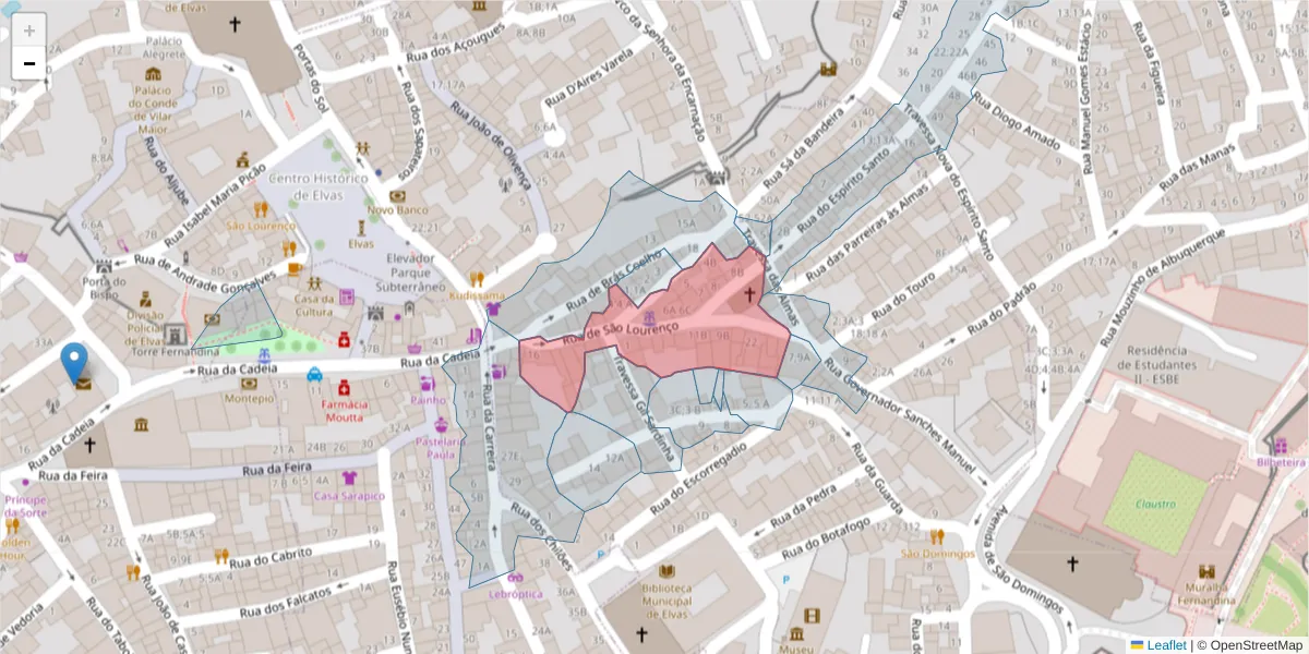 Mapa detalhado do código postal 7350-026 com limites, códigos postais vizinhos e agências dos correios