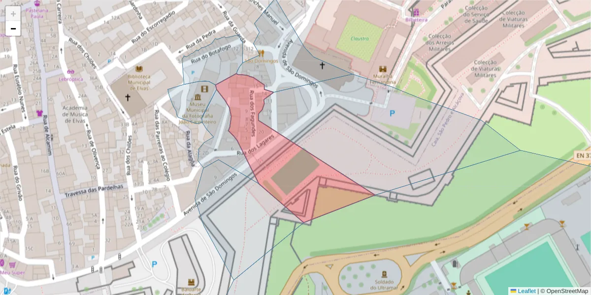 Mapa detalhado do código postal 7350-034 com limites, códigos postais vizinhos e agências dos correios
